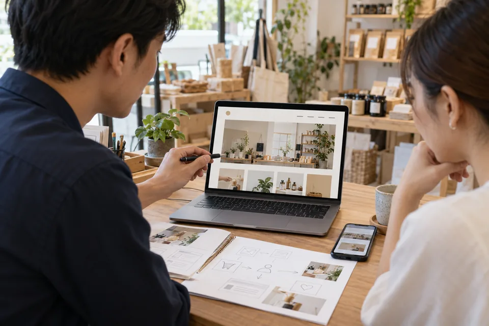 A consultant reviewing a business website and customer conversion journey