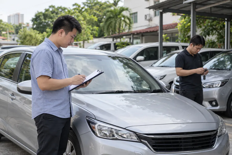 A car-rental operator reviewing bookings and customer information beside a vehicle